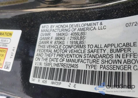 2024 Honda Civic Sport Touring из США, поврежденный, VIN 19XFL1H87RE029405